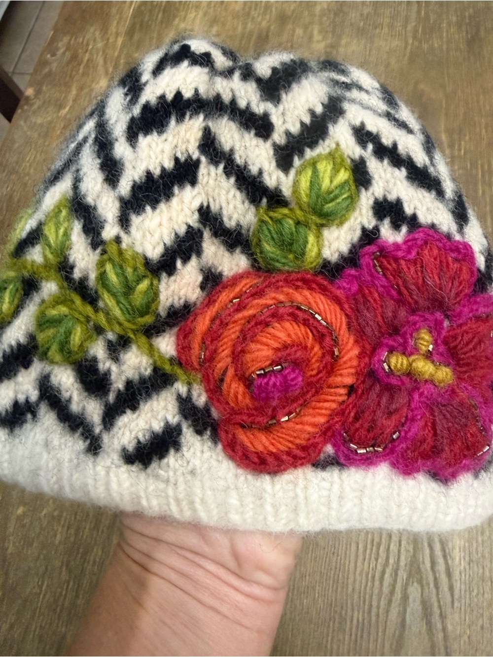 Hand-Knit cream and Black Chevron Beanie with Floral Embroidery